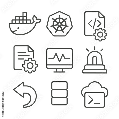 DevOps Icon Set. Line style icons of DevOps & Automation: docker whale, kubernetes helm, infrastructure script, config file gear,