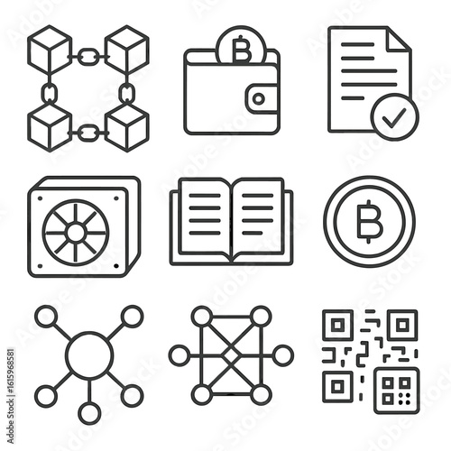 Blockchain Elements Icons. Line style icons of Blockchain Elements: blockchain chain, crypto wallet, smart contract, mining rig,