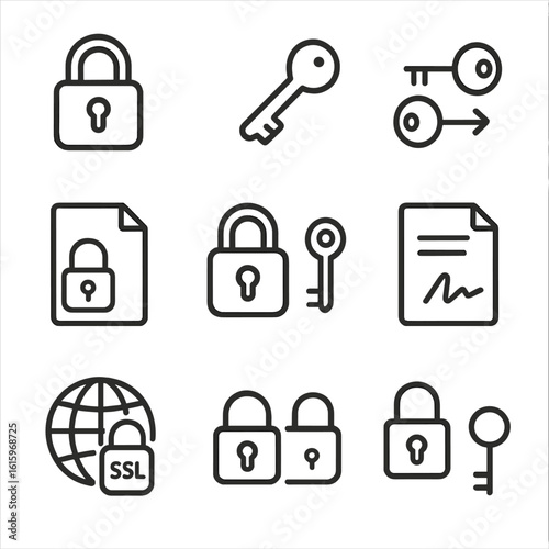 Encryption Icons Set. Line style icons of encryption and security keys: padlock with keyhole, private key icon, key exchange