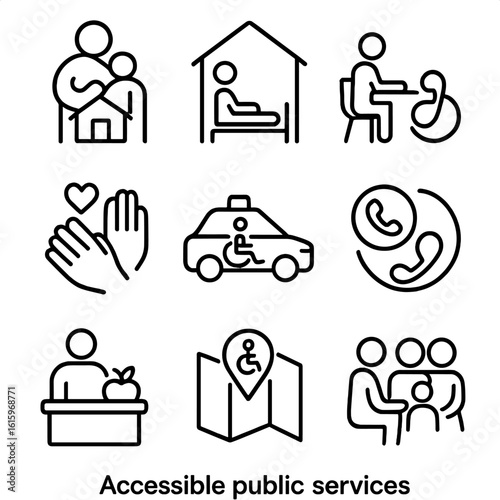 Accessible Services Icons. Line style icons of accessible public services: social support center, temporary shelter station,