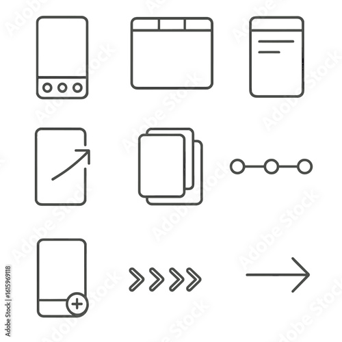 Mobile Navigation Icons. Line style icons of mobile app navigation patterns: bottom nav bar icon, top tab switcher, side drawer