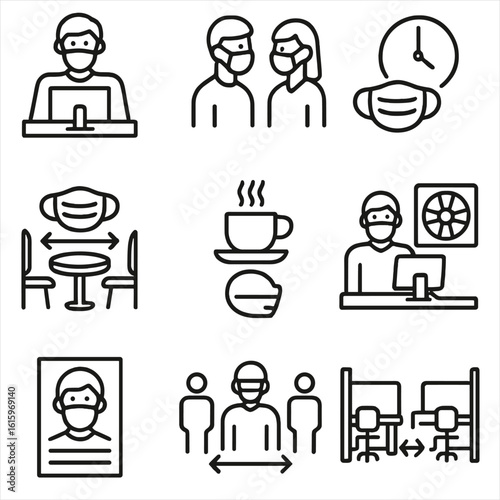 Workplace Mask Protocol Icons. Line style icons of workplace mask protocols: employee with workstation mask, masked colleague chat