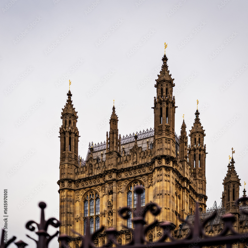 Fototapeta premium Fragment północno-wschodniego skrzydła Pałacu Westminsterskiego z wyraźnie widocznymi wieżyczkami, maswerkowymi oknami i ażurową balustradą dachową. Widok zza kutego ogrodzenia.