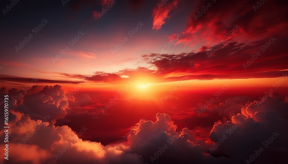 Fototapeta premium deep red sky with sun disappearing behind cloud line perfect lighting realistic and cinematic style