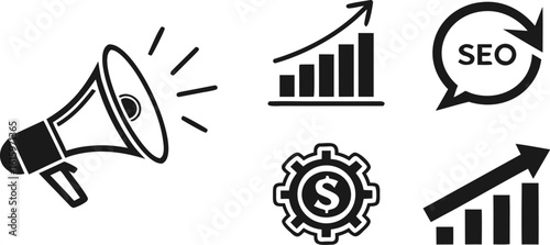 "Set of bold black marketing icons — megaphone, analytics, SEO, graph, growth arrow — with flat design and fixed dimensions, editable vector"