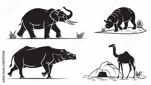 Vector  four silhouettes of animals including an elephant two hippos and a camel with simple backgrounds art