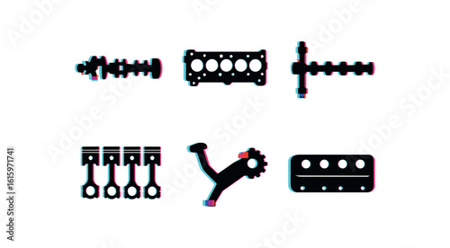 isolated backgond long engine crankshaft long engine cylinder long engine camshaft long engine piston long engine oil pump long engine valve cover