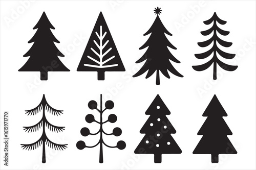 Collection of diverse christmas tree silhouettes isolated on white background