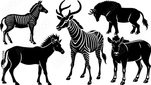 Vector  illustration of a group of various african animals including zebras wildebeest and an antelope with antlers