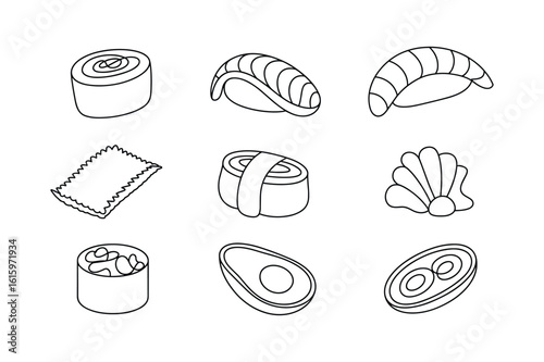 Sushi rolls and avocado slices with a seashell and napkin maki nigiri