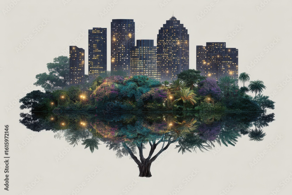 Obraz premium Urban Jungle Reflection Showcasing a Lush Tropical Oasis Merged with a Gleaming City Skyline Illuminating Nature's Resilience Against Modern Industrialization captured with clarity