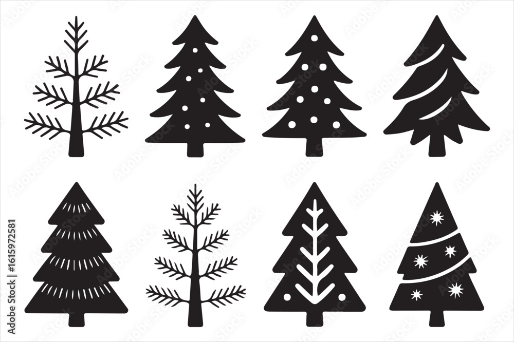 Obraz premium Collection of eight stylized christmas tree silhouettes isolated on white background