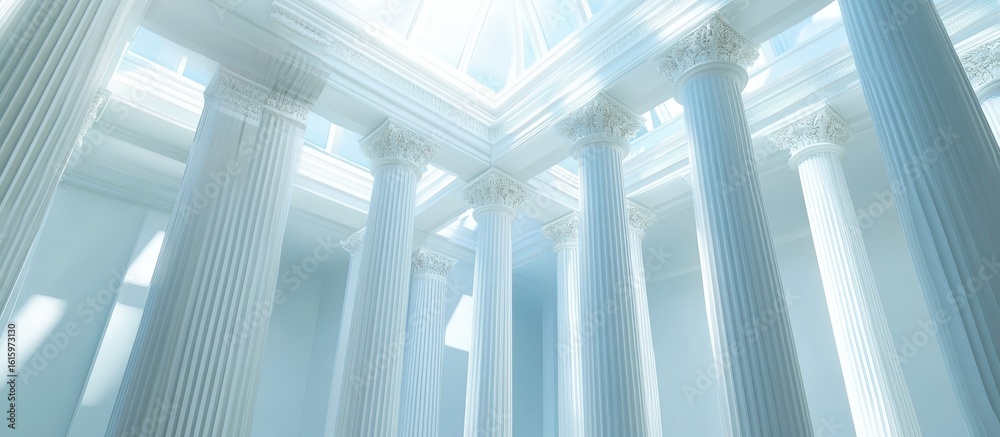 Naklejka premium Beautiful airy widescreen minimalistic white and light blue architectural background banner with tilted columns, indoor view