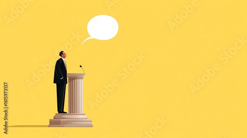 Elegant Speaker at Podium with Speech Bubble on Bright Yellow Background for Presentation and Events