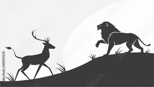 Vector  silhouette of a deer with antlers facing a lion on a hill with grass in a black and white landscape image
