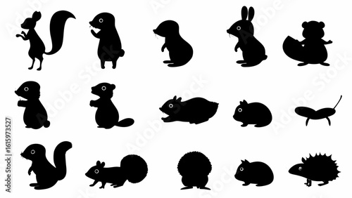 Vector  illustration of various small animal silhouettes including squirrels beavers rabbits and other rodents in black