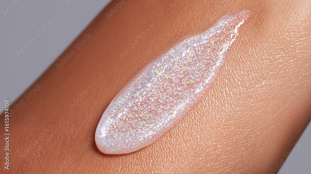 Fototapeta premium Close-up of shimmering cosmetic gel applied on smooth skin, showcasing a glossy texture and iridescent sparkle, ideal for beauty product advertisements and skincare promotions