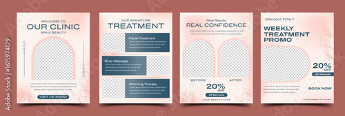 Spa and Beauty Clinic Social Media Post Template Design Collection. Pastel Pink Background with Leaf Line Ornament.