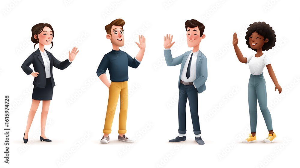 Obraz premium Group of Diverse Characters Waving in a Cheerful Greeting Pose in Flat Style Illustration