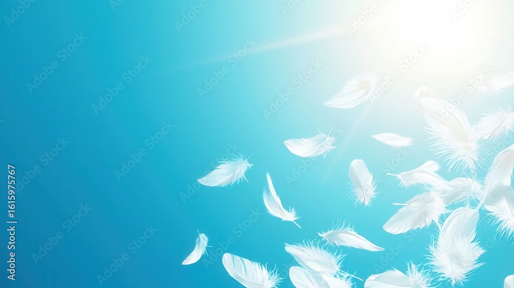 Delicate white feathers drifting against vivid teal background, evoking peaceful, ethereal mood