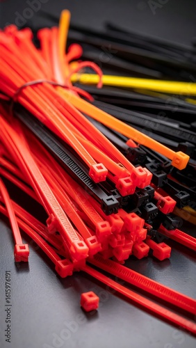 Close-up of bundled cable ties in various colors