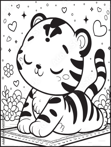 Animal-themed coloring page for kids and adults: Animal doing yoga: Yogi tiger doing yoga pose