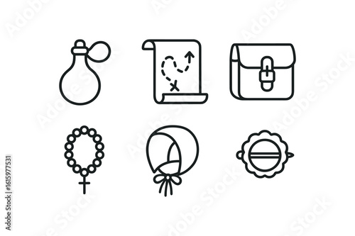straight perfect stroke icon mono icons style isolated pilgrim gourd flask pilgrim map scroll pilgrim leather satchel pilgrim prayer beads pilgrim wool bonnet pilgrim brooch