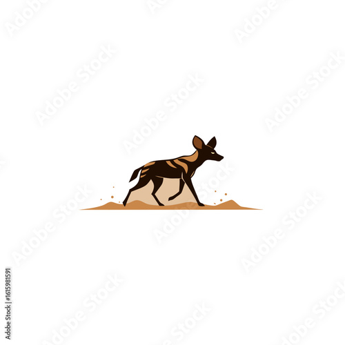 african wild dog trotting across dusty trail