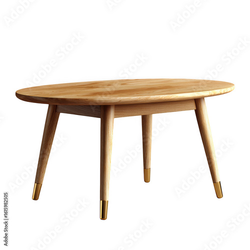 Light wood oval coffee table with tapered legs isolated on transparent background