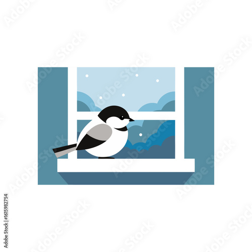 chickadee perched on snowy windowsill