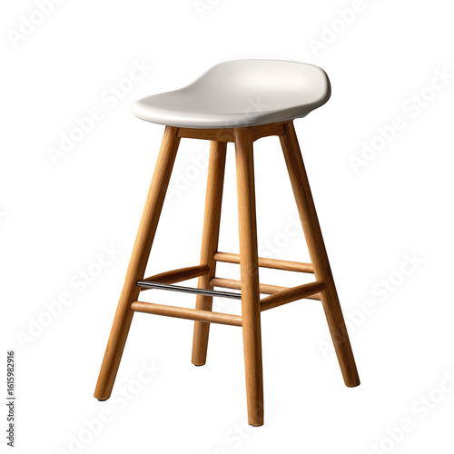 Modern white saddle seat bar stool with wooden legs isolated on transparent background