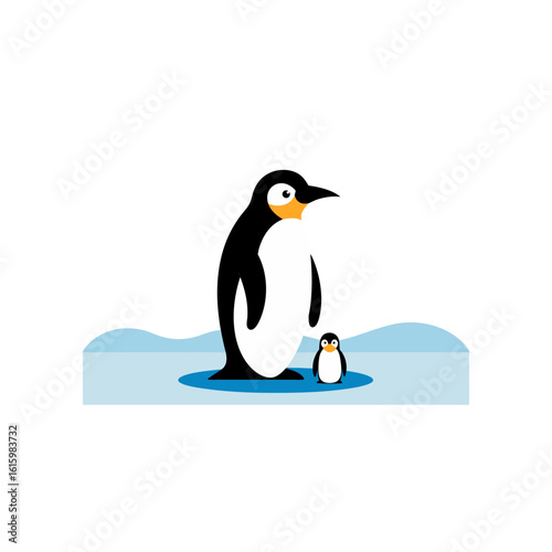 emperor penguin with chick on icy plain