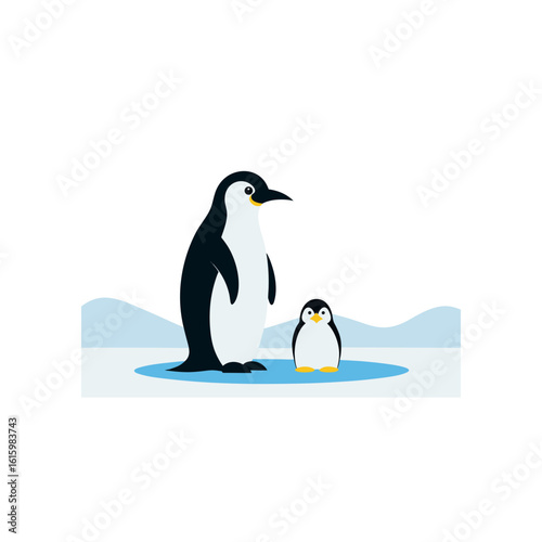 emperor penguin with chick on icy plain