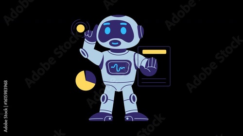 Animated Robot Analyzing Data Visuals For Future Technology Insights