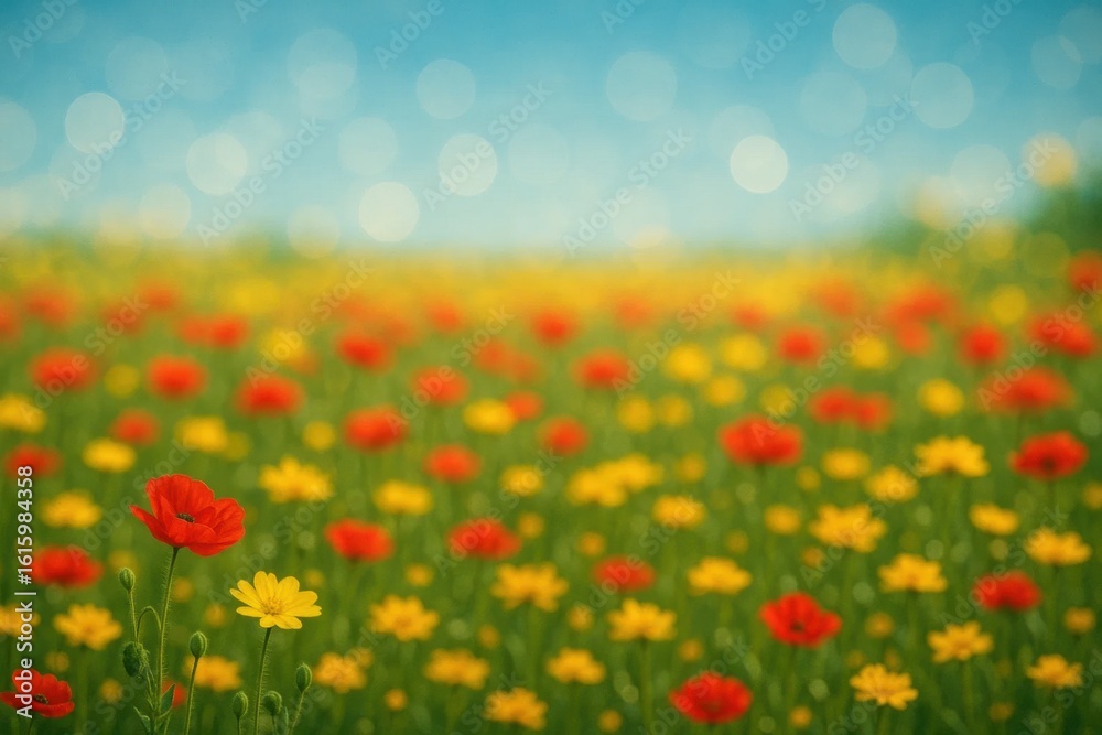 Naklejka premium A vibrant field of flowers under a clear blue sky, with a gentle bokeh effect in the background