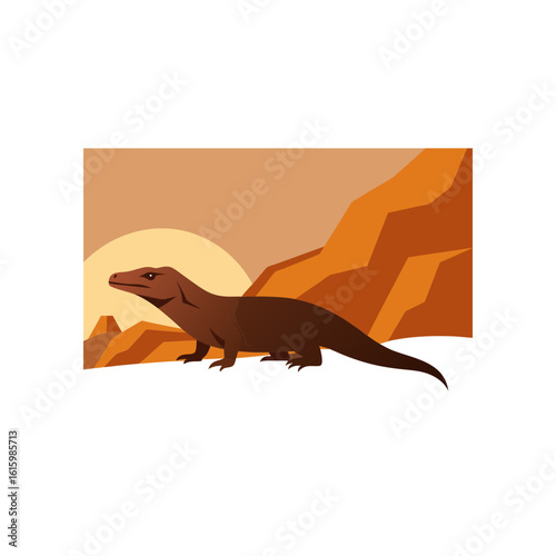 komodo dragon basking under rocky sunlit ledge