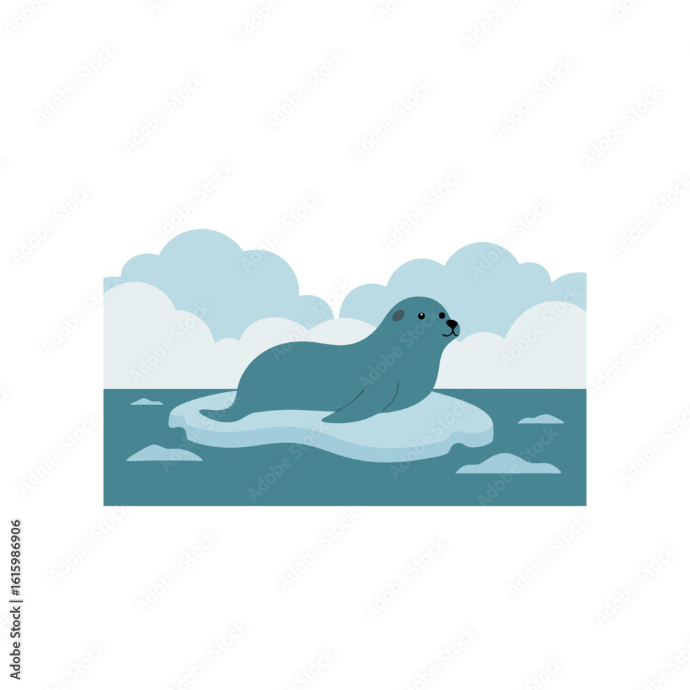 Naklejka premium seal lounging on icy shoreline under cloudy sky