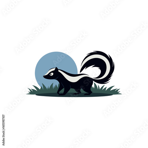 skunk walking cautiously through moonlit grass