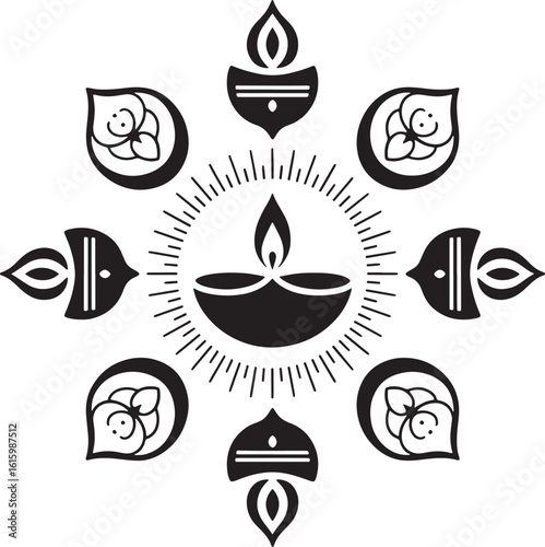 Multi-Faith Festival Icon Set – Islamic, Hindu, Buddhist Line Art Vector