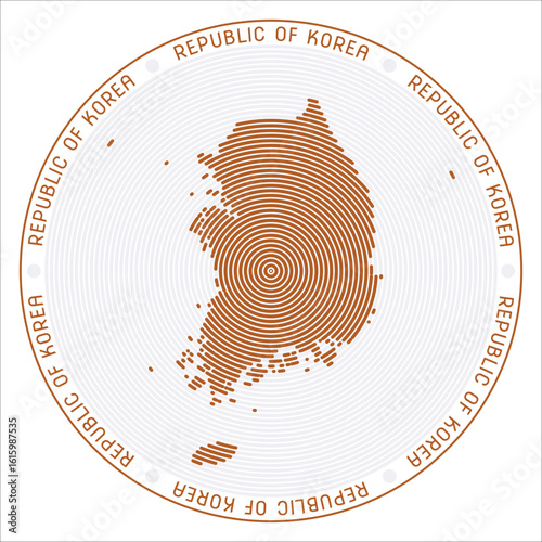 Republic of Korea round logo design. Country shape build of rings. Republic of Korea text around the country. Vector Illustration.