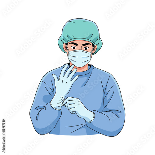A surgeon in scrubs mask and cap puts on surgical gloves