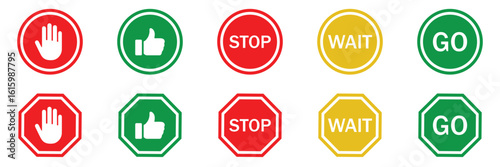 Stop, Wait, and Go Traffic Signal Icons Set – Red, Yellow, Green Button Symbols for Road Safety and Control
