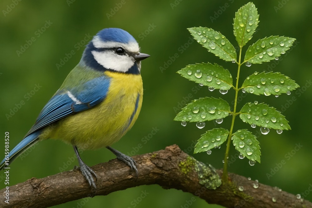 Fototapeta premium A serene moment captured as a bluebird perches on a damp leaf, surrounded by the tranquil embrace of nature