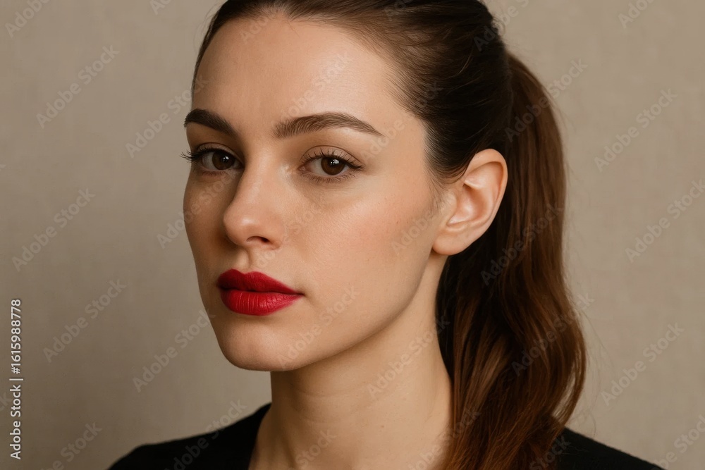 Naklejka premium A Study in Red Lipstick and Elegant Makeup