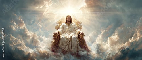 Jesus sitting on a heavenly throne with a brilliant light behind him