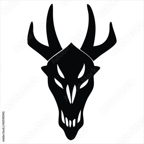 Fierce dragon skull silhouette with antlers isolated on white background