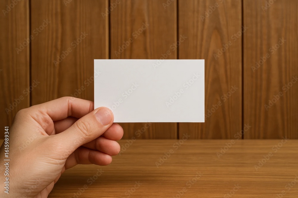 Obraz premium A hand holding a blank business card against a wooden backdrop