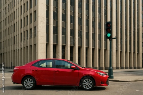 A red car is stopped at a green traffic light on a city street