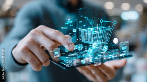 virtual screen displaying a stylized shopping cart icon, filled with abstract business documents and digital product representations, emphasizing B2B commerce and bulk purchasing on an internet 