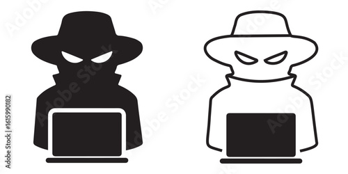 Hooded Hacker Silhouette with Laptop – Cybercrime, Hacking, and Digital Threat Vector Icon